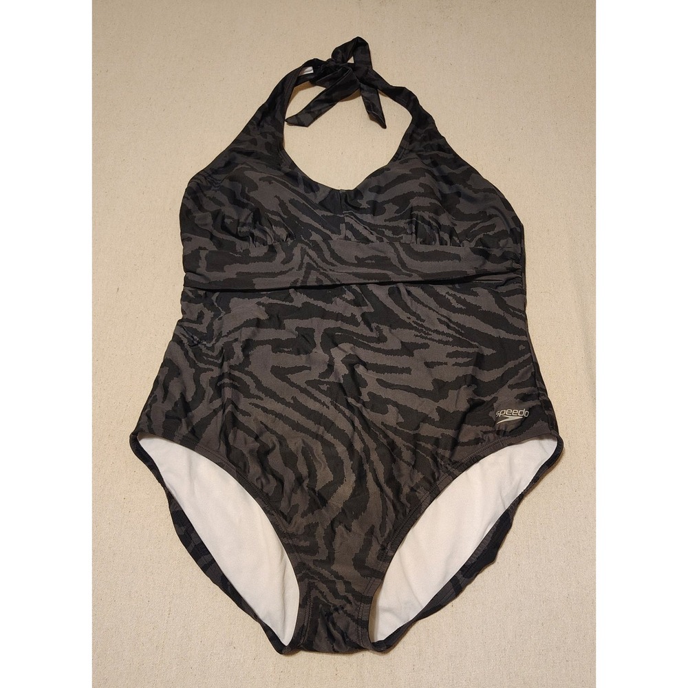 Speedo Womens Zebra Print Halter One Piece Swimsuit Grey Black Size 18